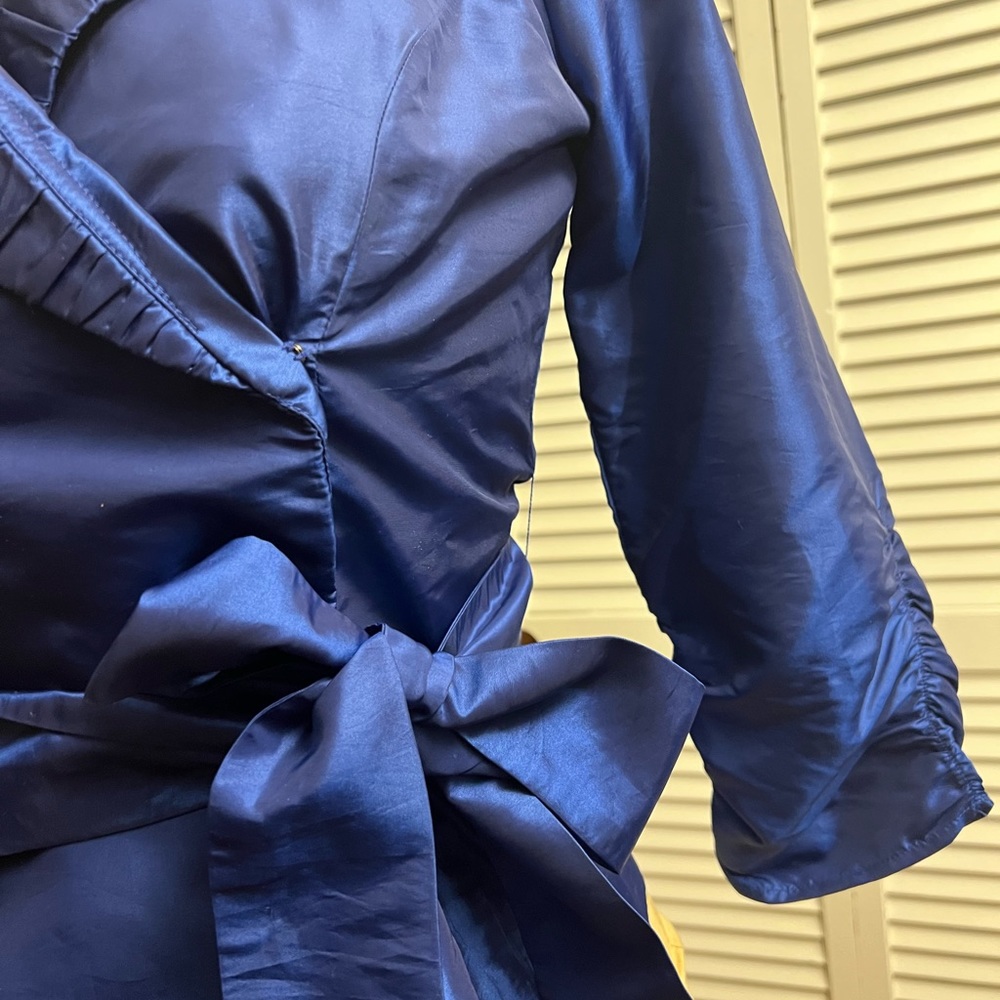 Formal blue silk-like wrap top